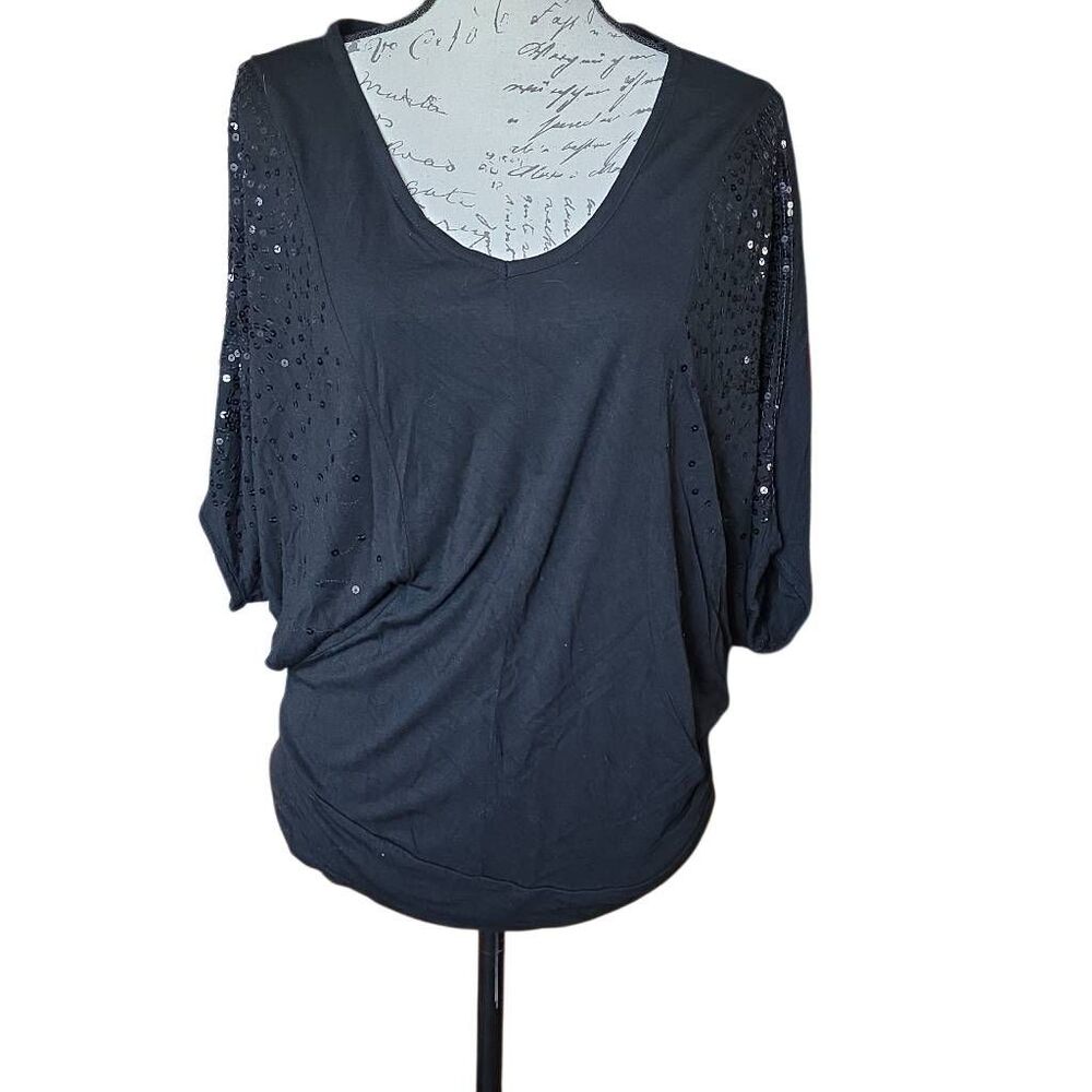 Kische Women's Size Large Black Sequin Dolman Sleeve Blouse